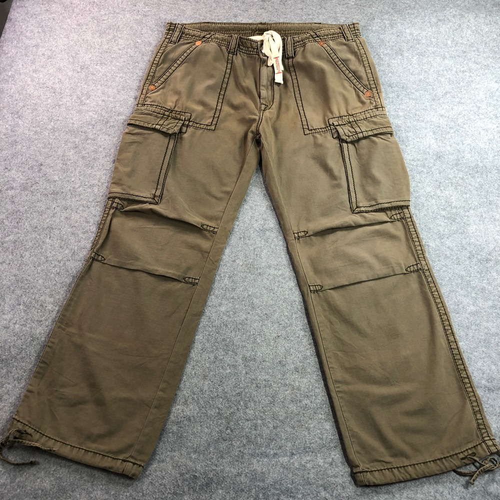 True Religion Mens Cargo Pants 40 Olive Green Baggy Thick Stitch Drawstring